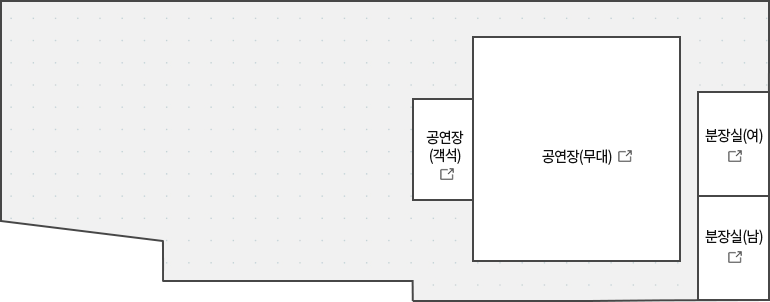 다목적홀 지상2층 : 공연장(객석), 공연장(무대), 분장실(여), 분장질(남)