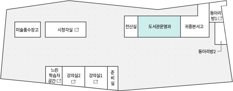 삼산도서관 지상3층 안내도 - 미술품수장고, 시청각실, 느린학습자공간, 강의실1, 강의실2, 준비실, 전산실, 도서관운영과, 귀중본 서고, 동아리방1~2